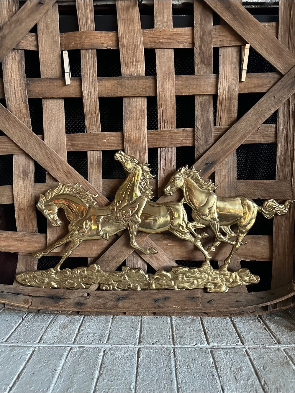 Vintage Wall Hanging with Three Brass Horses Full Galloping Against the Ground